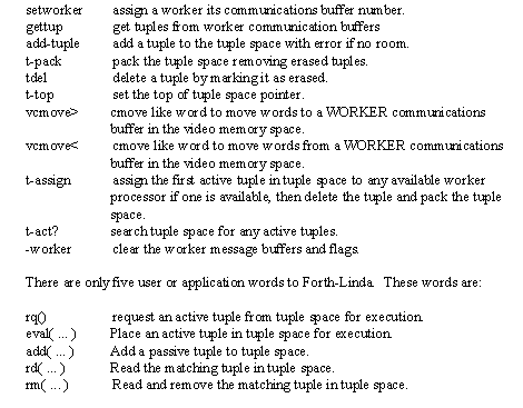 setworker, gettup, add-tuple, t-pack, tdel, t-top, vcmove_to,
vcmove_from, t-assign, t-act?, -worker, there are only five user
words in Forth Linda, rq(), eval( ... ), add( ...), rd( ...), rm( ...)
