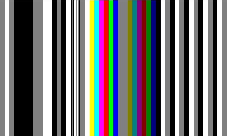 768x482 color test pattern 64 pixel black 32 pixel g/w columns, b/g/b/w in 16,8,4,2,1 pixel columns, 16 pixel color columns